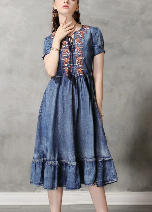 Deal Explosion playful dressUnique Blue V Neck Ruffled Cinched Embroideried Cotton Denim Dresses Short Sleeve Deal Explosion playful dressUnique Blue V Neck Ruffled Cinched Embroideried Cotton Denim Dresses Short Sleeve