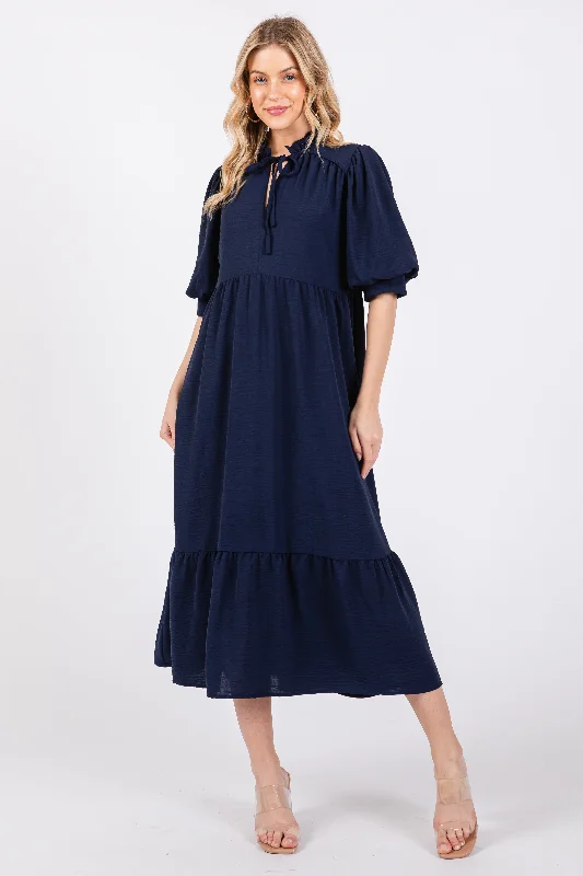 Online Only structured dressNavy Balloon Sleeve Split Neck Midi Dress
