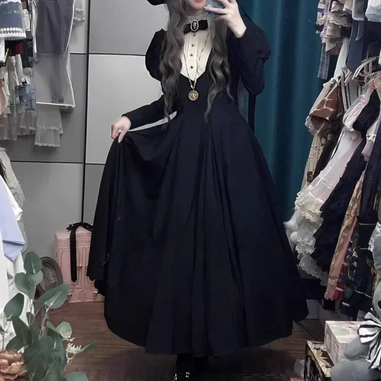 ashionable dressNew Gothic Punk Dark Lolita Vintage Black Long Bubble Sleeve Waist Cinched Autumn Winter Dress