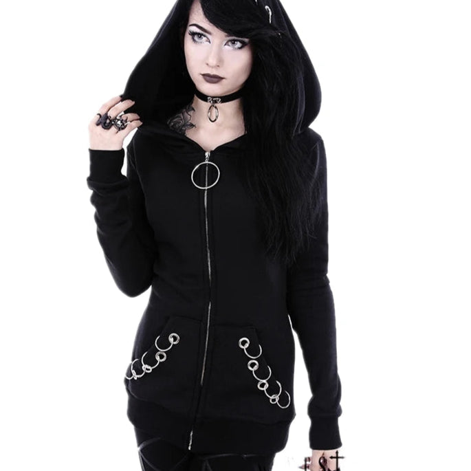 modern coatWomen's Gothic Punk Iron Ring Long Sleeve Zip-up Black Jacket