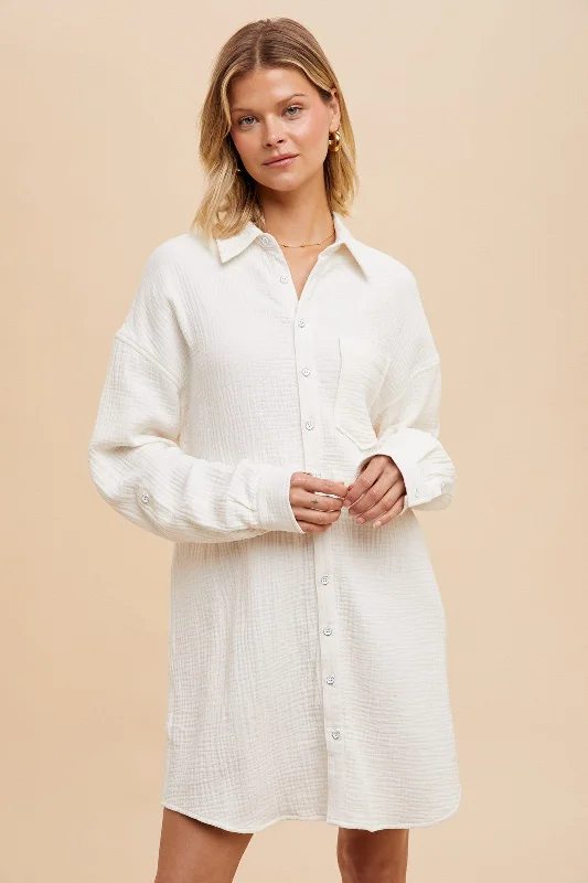 Amazing Deals comfy maxi dressWhite Rolled Cuff Button Down Dress