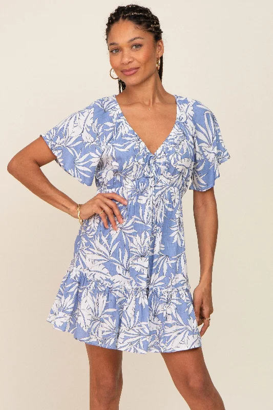 Price Reduction trendy bodycon dressPeriwinkle Palm Print Short Sleeve Ruffle Dress