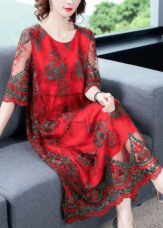 Price Break layered dressElegant Red O-Neck Embroideried Tulle Vacation Dress Half Sleeve Price Break layered dressElegant Red O-Neck Embroideried Tulle Vacation Dress Half Sleeve
