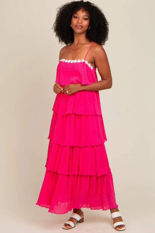 Weekend Flash Sale casual knit dressFuchsia Ruffle Tiered Maxi Dress