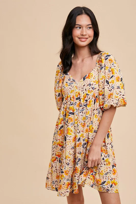 Mega Sale summer dressMulticolor Floral Print Puff Sleeve Dress