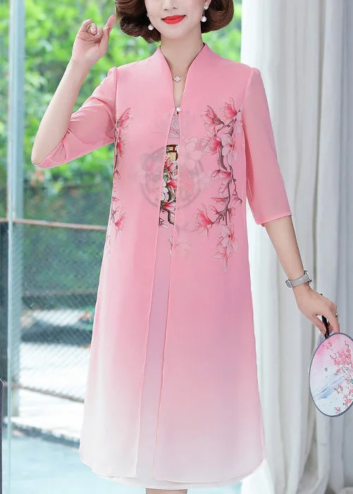 elegant evening dressPink Side Open Chiffon Dresses Stand Collar Half Sleeve