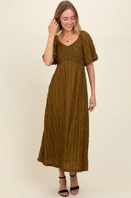 New Deals playful dressOlive Smocked V-Neck Short Puff Sleeve Textured Midi Dress