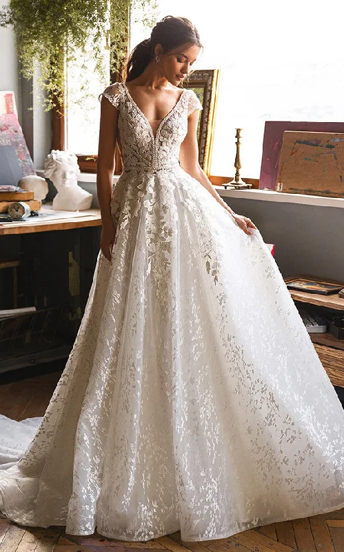 knit dressModern Ethereal A-Line Boho Lace Plunging Wedding Dress Fairy Flowy Cap Sleeves Deep-V Back Evening Prom Gown