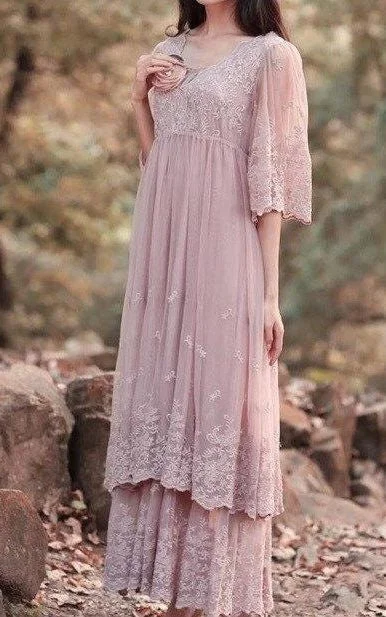 comfy maxi dressLace Dress With Tiers&Flower&Embroideries-105956