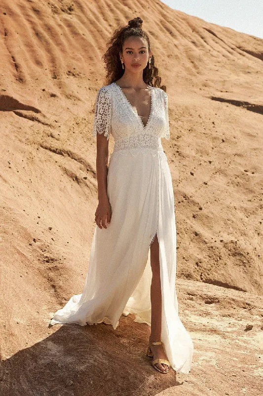 mini dressFront Split Plunging Half Sleeve Bohemian Lace And Chiffon Wedding Dress With Open Back-715880