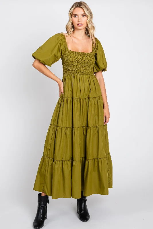 Doorbuster Deal cocktail party dressLight Olive Square Neck Smocked Puff Short Sleeve Tiered Midi Dress Doorbuster Deal cocktail party dressLight Olive Square Neck Smocked Puff Short Sleeve Tiered Midi Dress