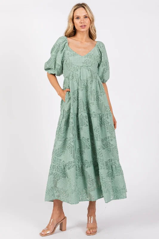 Online Exclusive winter dressLight Olive Embroidered Leaf Print Striped Maxi Dress