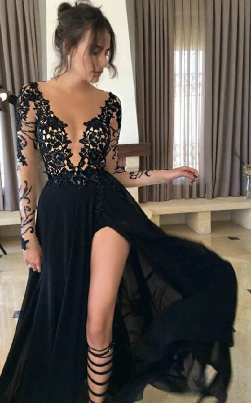 luxury dressChiffon Lace Floor-length A Line Long Sleeve Modern Prom Evening Formal Dress-334357