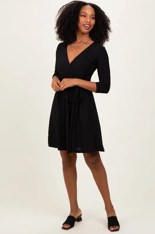 Factory Direct Sale long-sleeve floral dressBlack 3/4 Sleeve Nursing Sash Tie Wrap Dress Factory Direct Sale long-sleeve floral dressBlack 3/4 Sleeve Nursing Sash Tie Wrap Dress