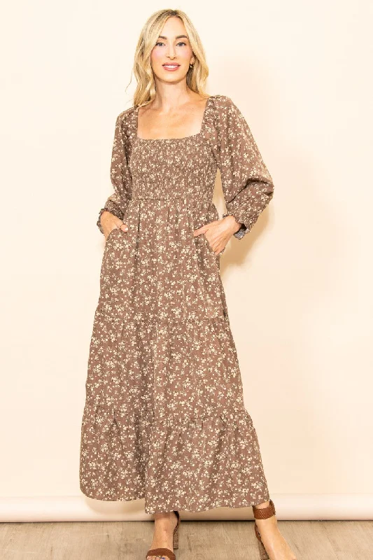 Huge Discounts luxury dressMocha Floral Smocked Long Sleeve Maxi Dress