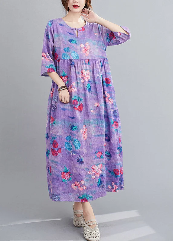 Special Price elegant maxi dressPurple Patchwork Linen Long Dress Wrinkled Half Sleeve