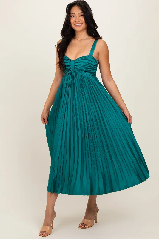 Best Seller ruffle dressTeal Satin Pleated Sweetheart Midi Dress