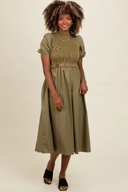 Daily Deals chic shift dressOlive Contrast Knit Bodice Midi Dress