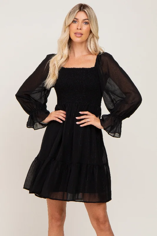 Value Deals elegant maxi dressBlack Metallic Stripe Smocked Dress