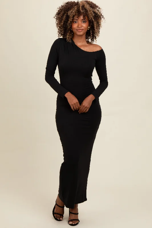 Super Savings fitted cocktail dressBlack One Shoulder Long Sleeve Midi Dress