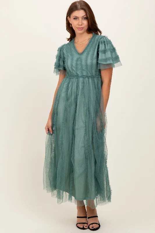 Amazing Deals evening dressTeal Ruffle Accent Mesh Overlay Maxi Dress