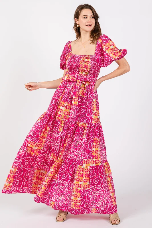 Deep Discounts v-neck dressFuchsia Floral Smocked Short Puff Sleeve Tiered Maxi Dress