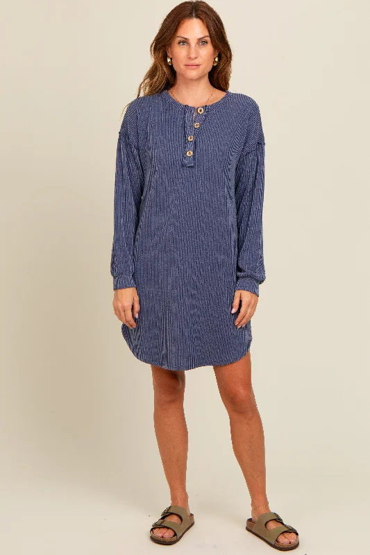 Special Offer fitted bodycon dressNavy Ribbed Button Accent Dress