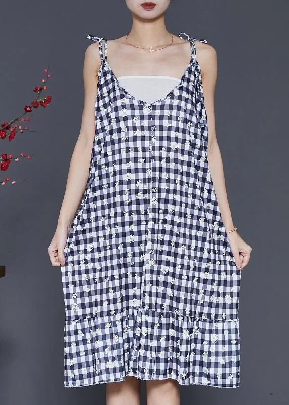 mini dressBoutique Grey Plaid Cotton Spaghetti Strap Dress Summer