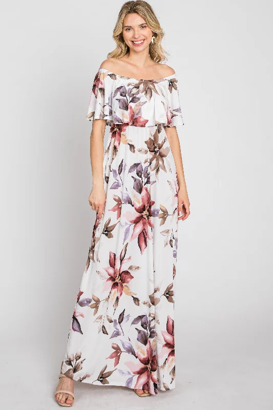 Deep Discounts denim dressIvory Floral Off Shoulder Maxi Dress