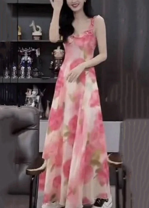 wrap-around dressElegant Pink Ruffled Print Chiffon Spaghetti Strap Dress Sleeveless