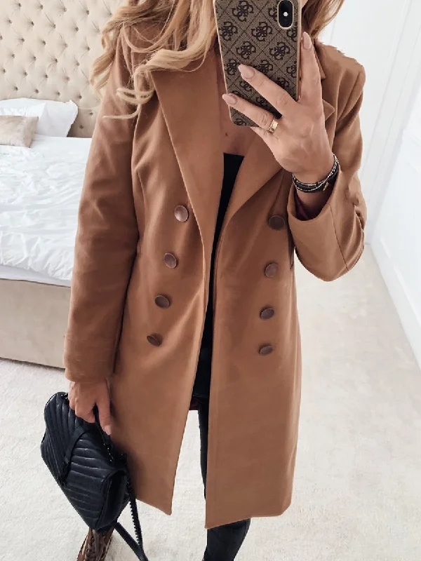 Shop and Save casual trench coatAutumn and Winter Solid Color Long-sleeved Double-breasted Mid-length Coats