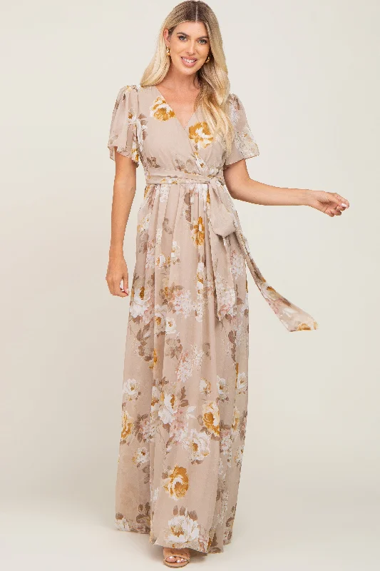 Fantastic Deals comfy maxi dressTaupe Floral Chiffon Wrap Short Sleeve Maxi Dress