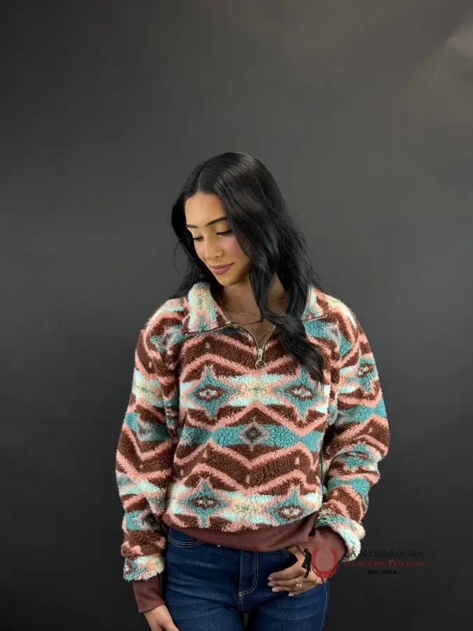 Fantastic Deals Rock&Roll Womens Brown & Teal All Over Print Pullover