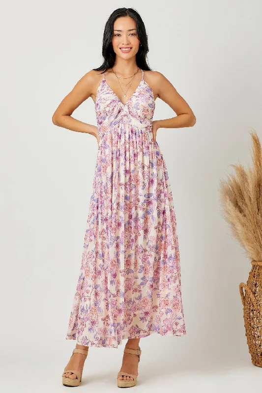 Price Reduction casual midi dressPink Floral Mesh Sleeveless Maxi Dress
