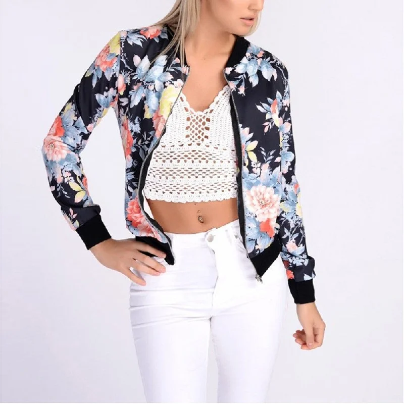 insulated trench coatWomen Retro Flower Floral Print Jacket Zipper Bomber Collar Slim Coat Casual Outwear Female Autumn Spring Jacket Fashion Ladies