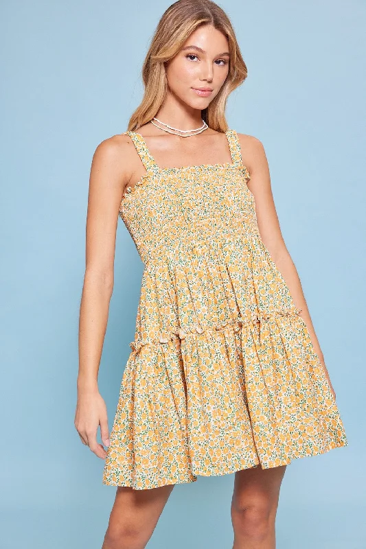 Best Bargains casual midi dressWhite Orange Floral Print Smock Ruffle Mini Babydoll Dress