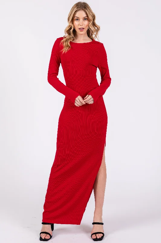 Markdowns floral wrap dressRed Ribbed Long Sleeve Side Slit Maxi Dress