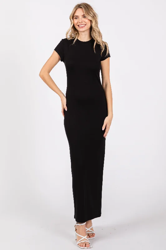 Unmissable Offer wrap dressBlack Fitted Short Sleeve Maxi Dress