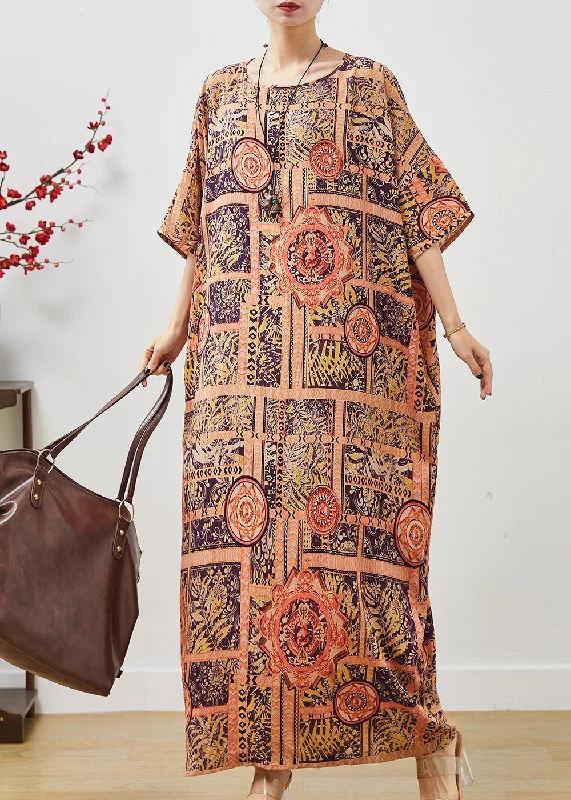 pleated dressPlus Size Orange Oversized Print Cotton Vacation Dress Summer