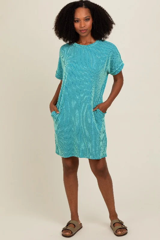 Year-End Sale casual summer dressTurquoise Ribbed Rolled Cuff Dress