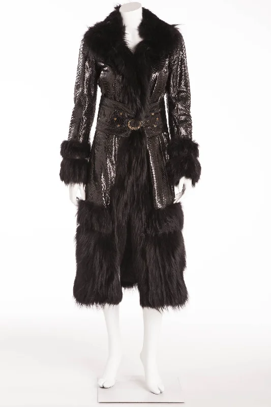 relaxed fit coatRoberto Cavalli - As Seen on 2005 Roberto Cavalli Runway Collection - Black Python Coat with Fur - IT 40