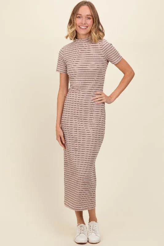Seasonal Clearance lace dressBeige Striped Mock Neck Fitted Midi Dress