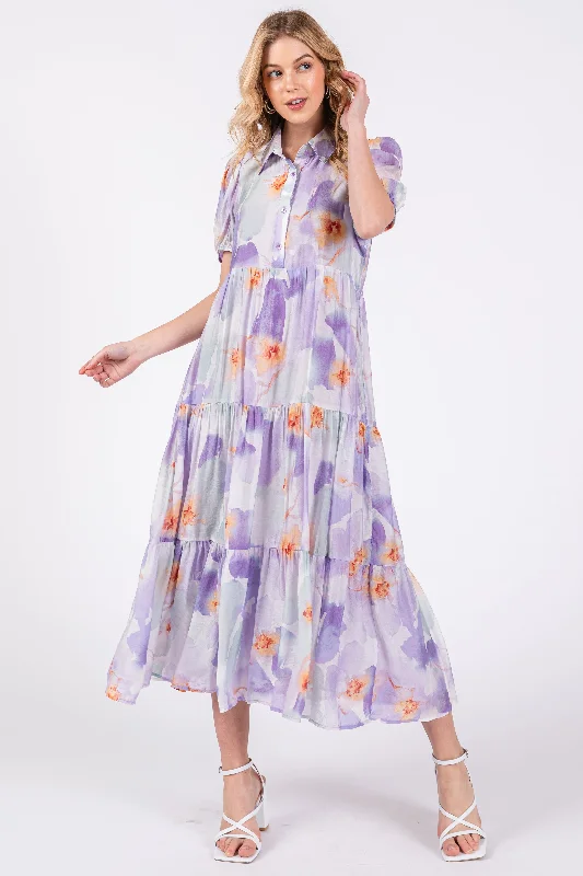 Clearance Event form-fitting dressLavender Floral Button Front Short Sleeve Tiered Midi Dress