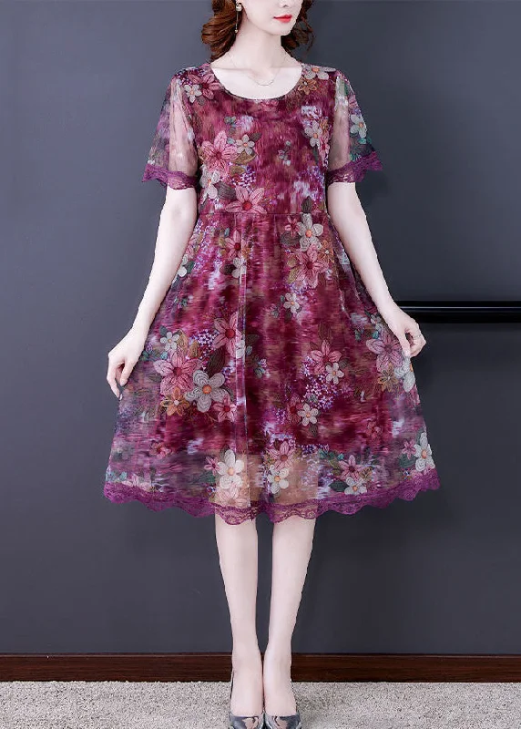 elegant maxi dressRed Lace Patchwork Tulle Dresses O Neck Short Sleeve