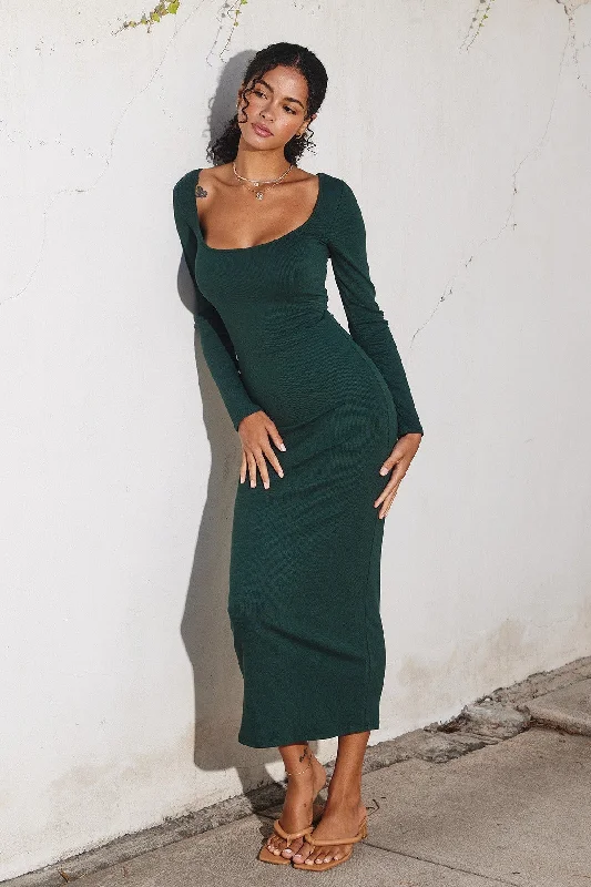 Huge Discounts elegant maxi dressForest Green Ribbed Scoop Neck Midi Dress