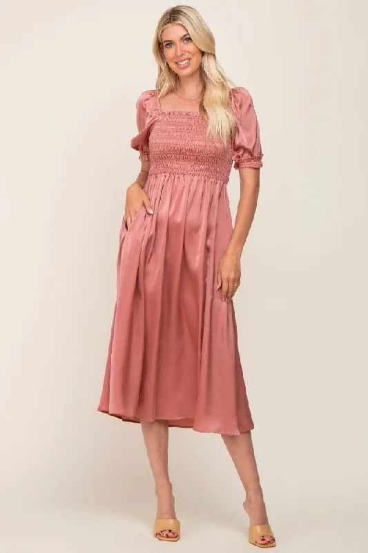 Price Meltdown fitted dressPink Satin Puff Sleeve Midi Dress
