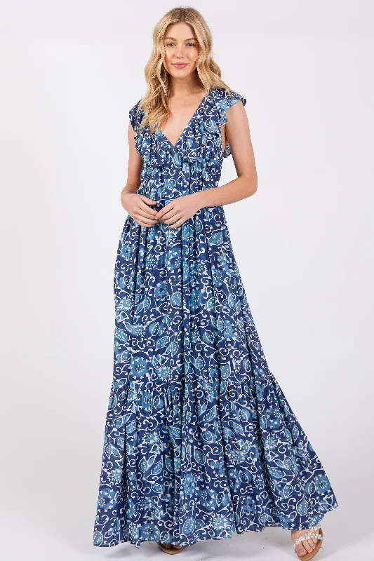 Deal Zone textured dressBlue Abstract Floral Ruffle Accent Maxi Dress