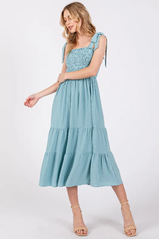 Deal Zone elegant evening dressLight Blue Smocked Tie Strap Tiered Midi Dress