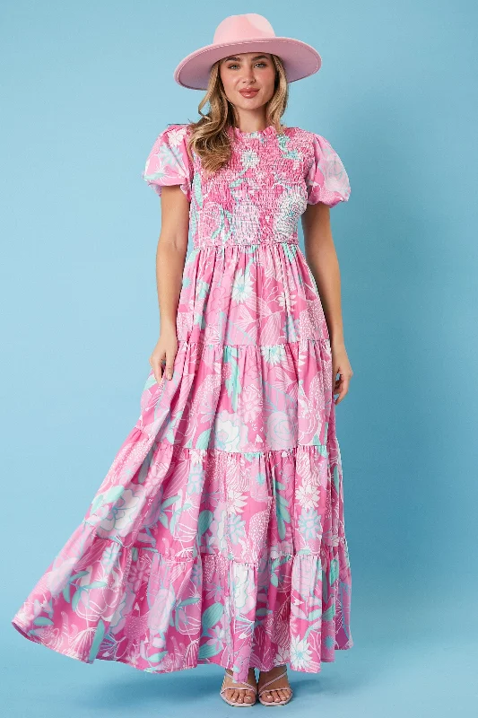 Big Discounts comfy dressPink Floral Smocked Short Puff Sleeve Tiered Maxi Dress