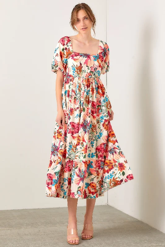 Overstock cocktail dressCream Floral Puff Sleeve Midi Dress
